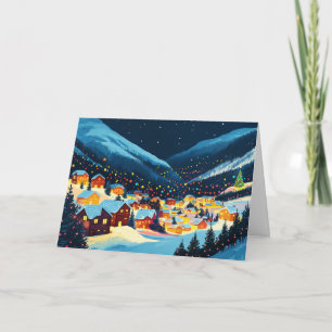 Christmas Village Under Snowy Mountains Card