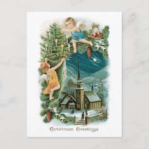 Christmas Village with Angels Holiday Postcard