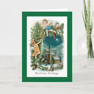 Christmas Village with Cherubic Angels Holiday Card