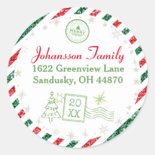 Christmas Vintage Air Mail Glitter Address Classic Round Sticker