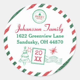 Christmas Vintage Air Mail Glitter Address Classic Round Sticker