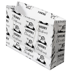 Christmas Vintage Black White Santa Claus Large Gift Bag