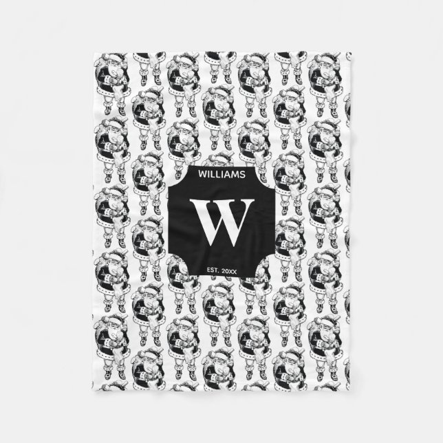 Christmas Vintage Black White Santa Monogrammed Fleece Blanket (Front)