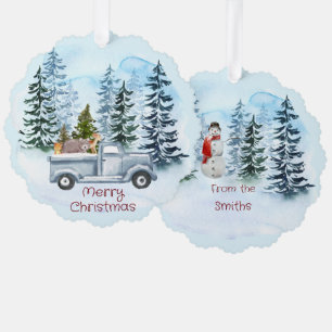Christmas Vintage Blue Truck Winter Scene Tree Decoration Card