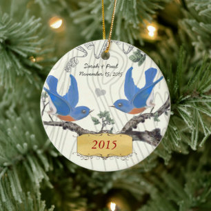Christmas Vintage Bluebirds on Wood Grain Ceramic Tree Decoration