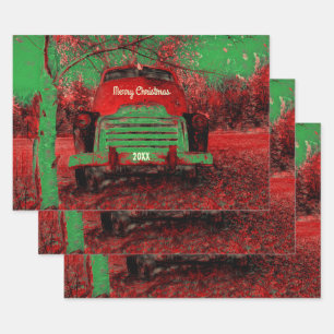 Christmas Vintage Bright Red Green Rustic Truck Wrapping Paper Sheet