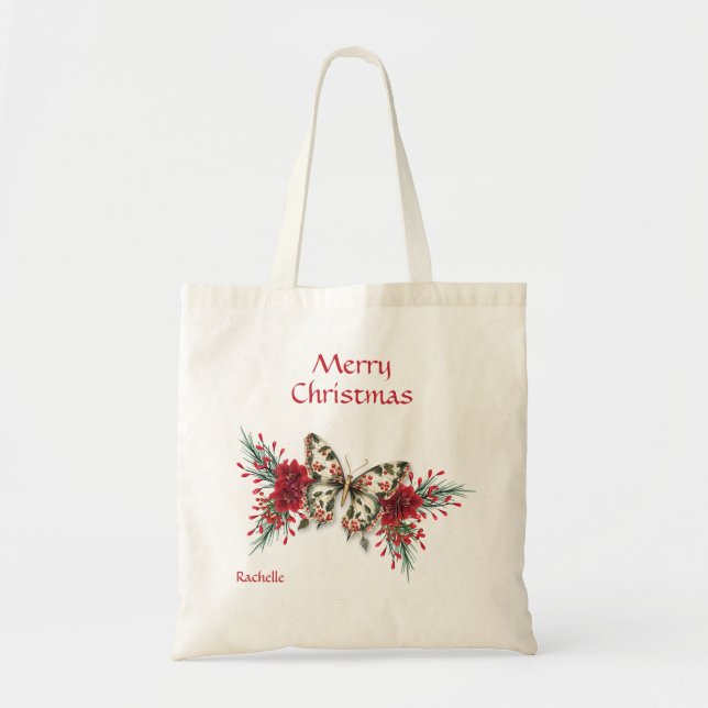 Christmas Vintage Butterfly Poinsettia Holiday Tote Bag (Front)