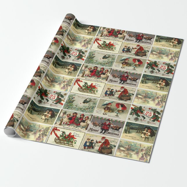 Christmas Vintage Cards Santa Claus Collage Wrapping Paper (Unrolled)