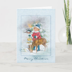 Christmas vintage child and deer in snow holiday card