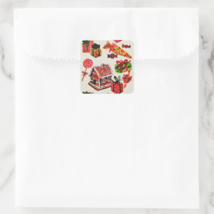 Christmas Vintage Family House Candy Cane Square Sticker