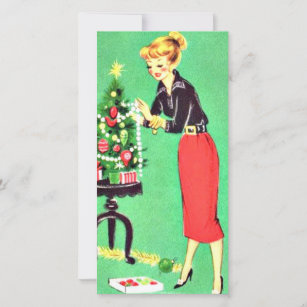 Christmas Vintage Girl Decorates Tree Holiday Card