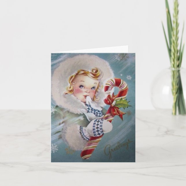Christmas Vintage Girl With Candy Cane Holiday Card (Front)