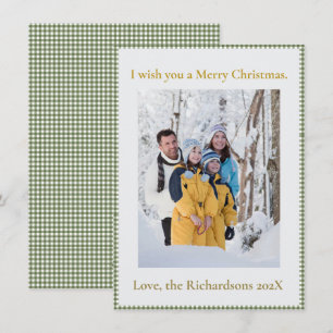 Christmas Vintage Green Gingham Plaid Photo Custom Holiday Card
