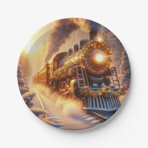 Christmas Vintage Holiday Train Snowy Winter Paper Plate