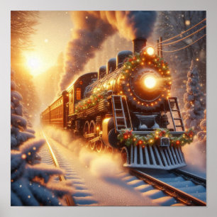 Christmas Vintage Holiday Train Snowy Winter Poster
