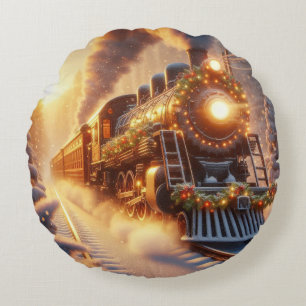 Christmas Vintage Holiday Train Snowy Winter Round Cushion