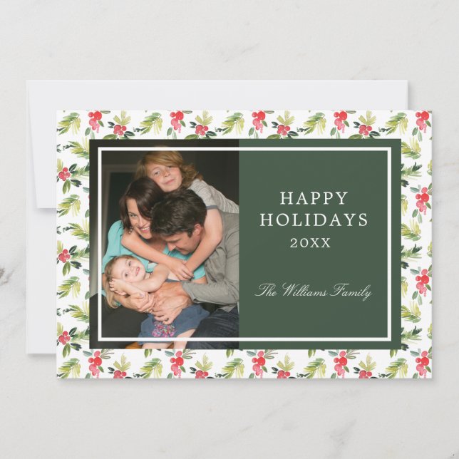 Christmas | Vintage Holly, Berry & Pine Pattern Holiday Card (Front)