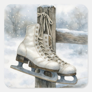 Christmas Vintage Ice Skates On Fence Post Square Sticker