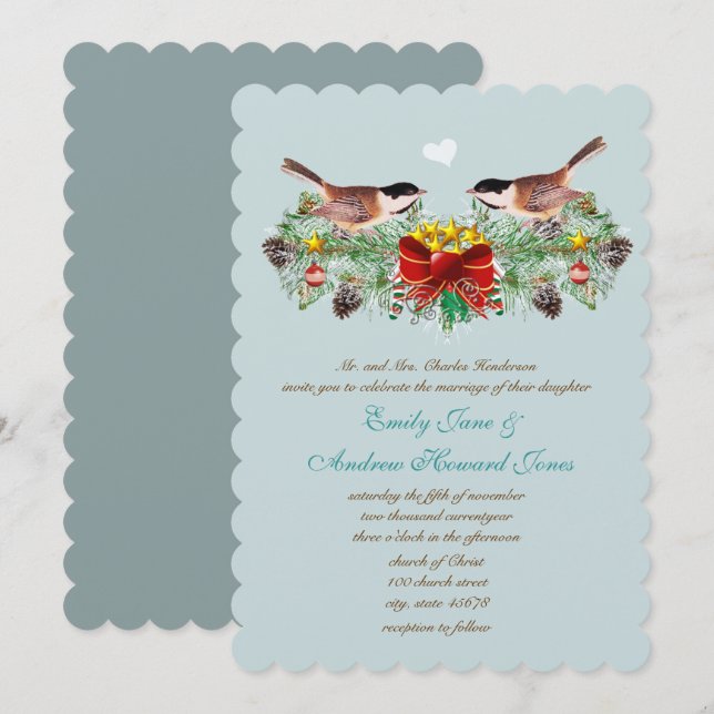 Christmas Vintage Love Birds Chickadees Wedding  Invitation (Front/Back)