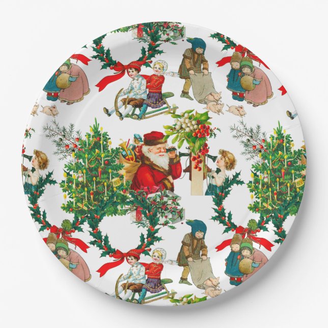 Christmas ,vintage ,mistletoe,poinsettia flower  paper plate (Front)