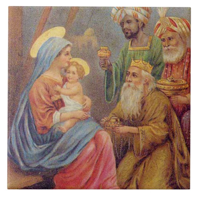 Christmas Vintage Nativity Jesus Illustration Tile (Front)