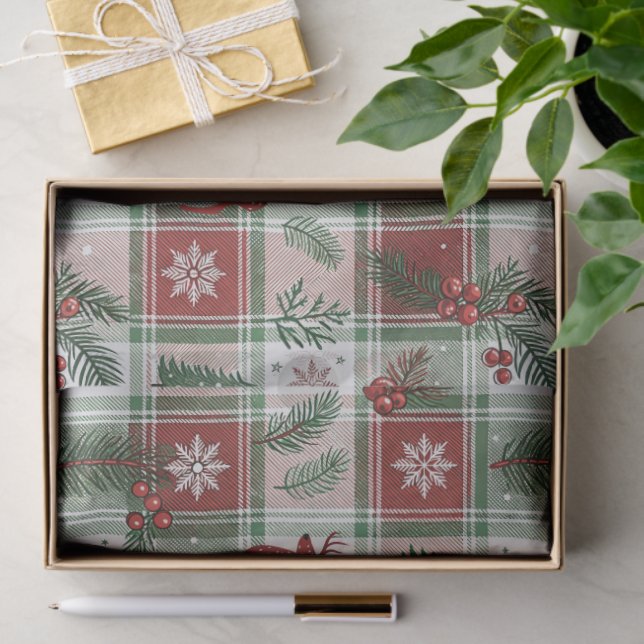 Christmas Vintage Plaid Holly & Deer Pattern Tissue Paper (Gift)