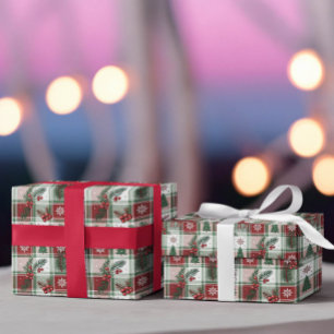 Christmas Vintage Plaid Holly & Deer Pattern Wrapping Paper