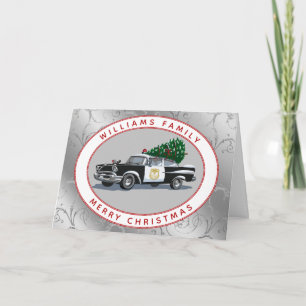 Christmas Vintage Police Car Family Name Silver Holiday Card