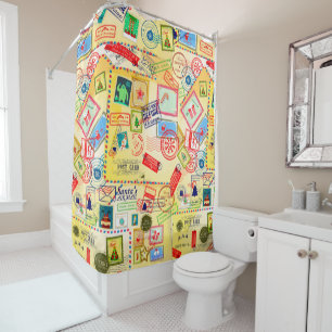 Christmas Vintage Postcard & Stamps Pattern Shower Curtain