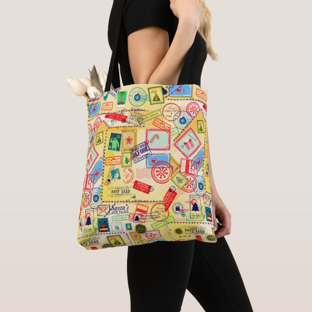 Christmas Vintage Postcard & Stamps Pattern Tote Bag (Close Up)