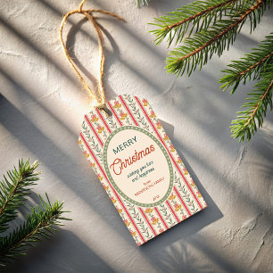 Christmas vintage red green stripes with bells gift tags