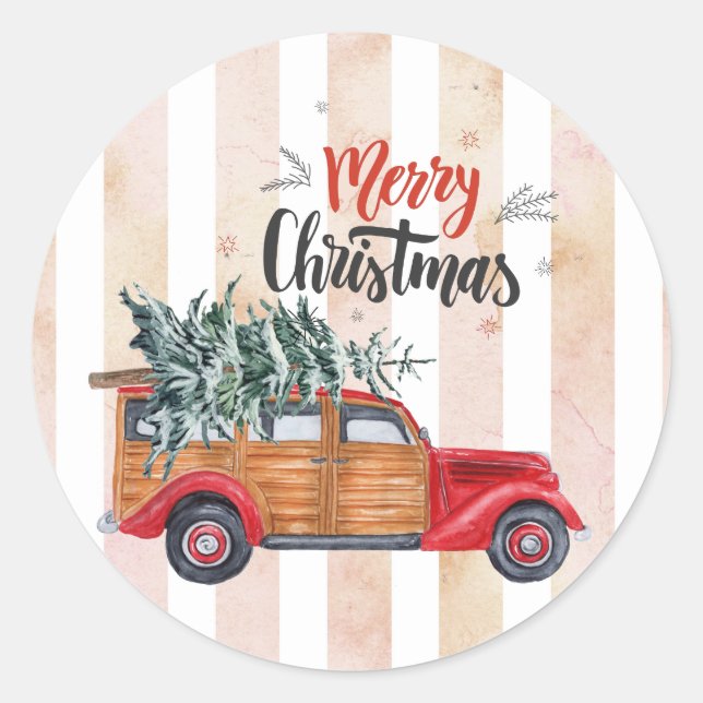 Christmas Vintage Red Panel Truck Classic Round Sticker (Front)