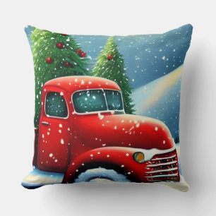 Christmas Vintage Red Truck and Snow Trees Cushion