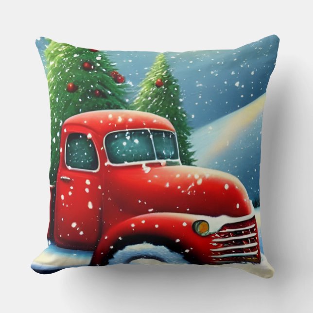 Christmas Vintage Red Truck and Snow Trees Cushion (Front)