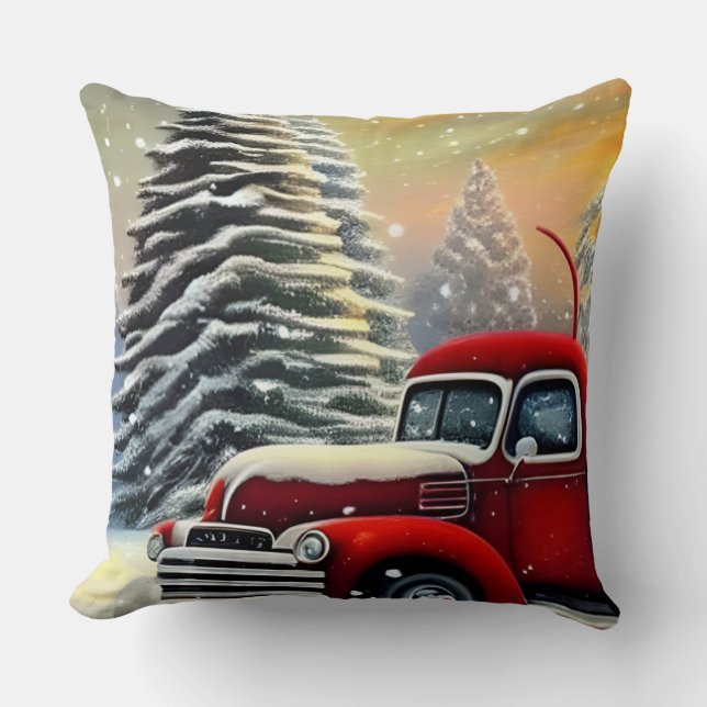 Christmas Vintage Red Truck and Snow Trees Cushion (Front)