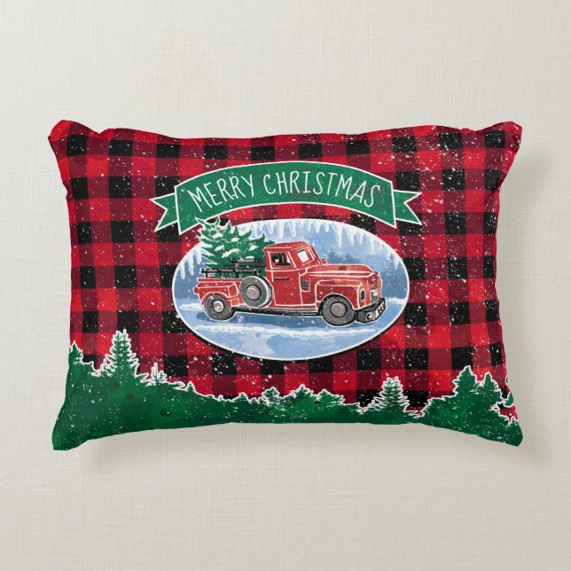 Christmas Vintage Red Truck Buffalo Plaid Add Name Decorative Cushion (Front)