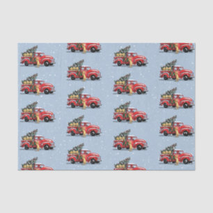 Christmas Vintage Red Truck Dogs Blue Gray Snow Tissue Paper