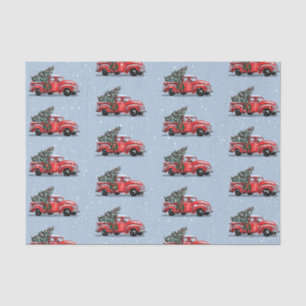 Christmas Vintage Red Truck on Blue Gray Snow Tissue Paper
