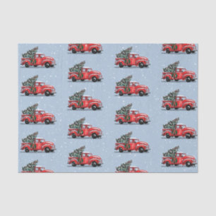 Christmas Vintage Red Truck on Blue Grey Snow Tissue Paper