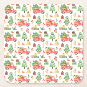 Christmas Vintage Red Truck Pattern Square Paper Coaster