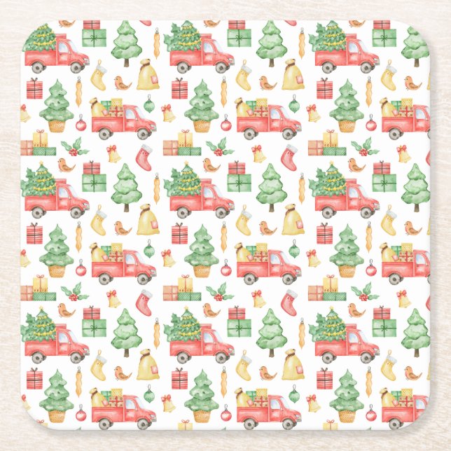 Christmas Vintage Red Truck Pattern Square Paper Coaster (Front)