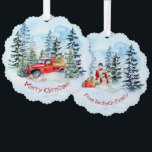 Christmas Vintage Red Truck  Snowman Family Tree Decoration Card<br><div class="desc">A beautiful warm and cosy winter scene with a vintge red truck loaded with gifts and a Christmas tree bringing Merry
Christmas wishes to you.
On the back a snowman family sends the greetings to your friends.</div>