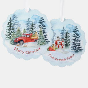 Christmas Vintage Red Truck  Snowman Family Tree Decoration Card