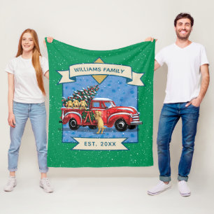 Christmas Vintage Red Truck w/ Dogs Family Name Fleece Blanket