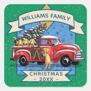 Christmas Vintage Red Truck w/ Dogs Family Name Square Sticker