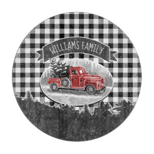 Christmas Vintage Red Truck White Buffalo Plaid Cutting Board