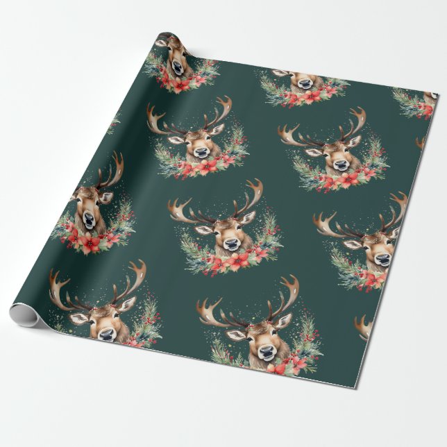 Christmas Vintage Reindeer Wrapping Paper (Unrolled)