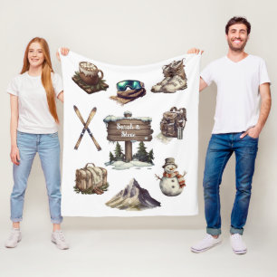 Christmas Vintage Retro Ski Couple Outdoor White Fleece Blanket