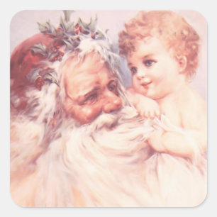 Christmas Vintage Santa Claus Holding Child Square Sticker