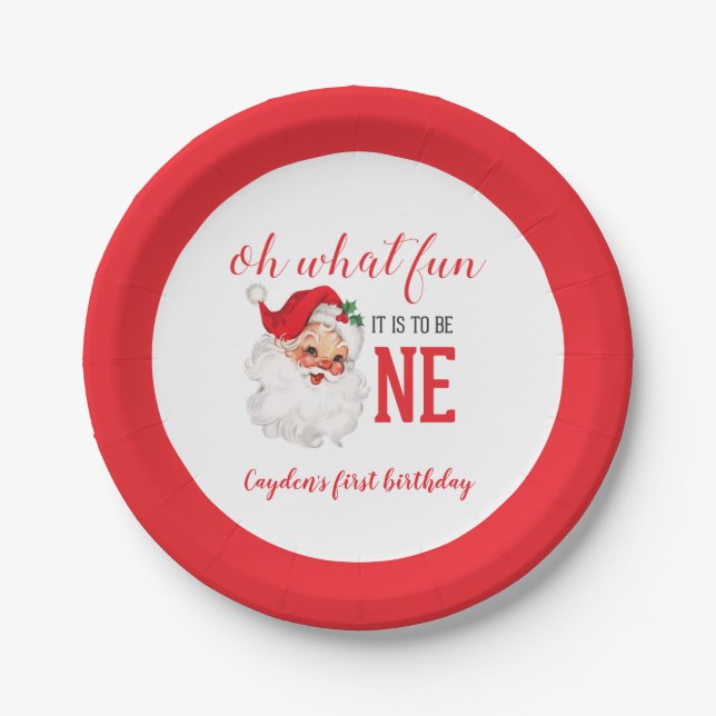Christmas Vintage Santa First Birthday Paper Plate (Front)